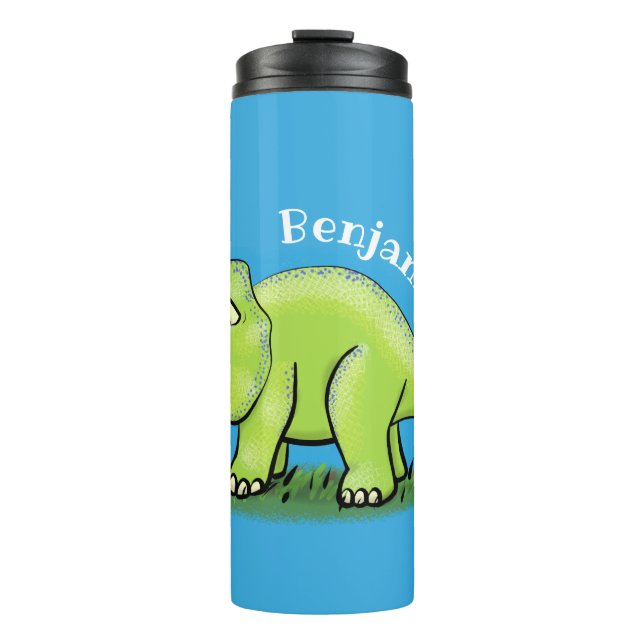Cute happy green triceratops dinosaur cartoon thermal tumbler (Front)