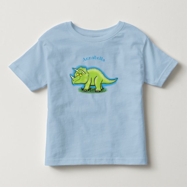 Cute happy green triceratops dinosaur cartoon toddler t-shirt (Front)