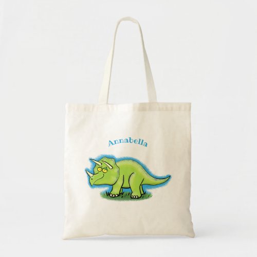 Cute happy green triceratops dinosaur cartoon tote bag
