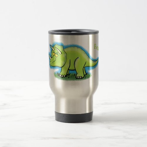 Cute happy green triceratops dinosaur cartoon travel mug