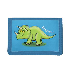 Cute happy green triceratops dinosaur cartoon tri-fold wallet