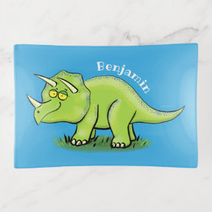 Cute happy green triceratops dinosaur cartoon trinket tray