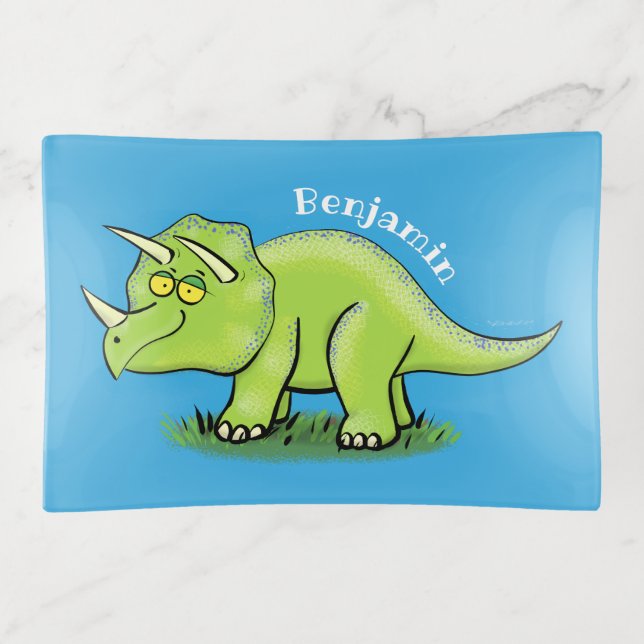 Cute happy green triceratops dinosaur cartoon trinket tray (Front)