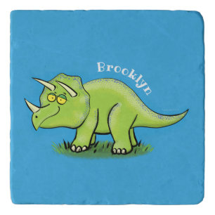 Cute happy green triceratops dinosaur cartoon trivet