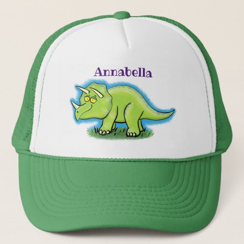 Cute happy green triceratops dinosaur cartoon trucker hat