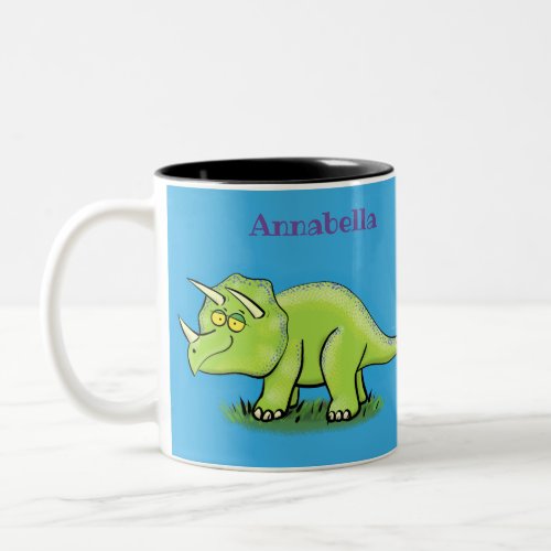 Cute happy green triceratops dinosaur cartoon Two_Tone coffee mug