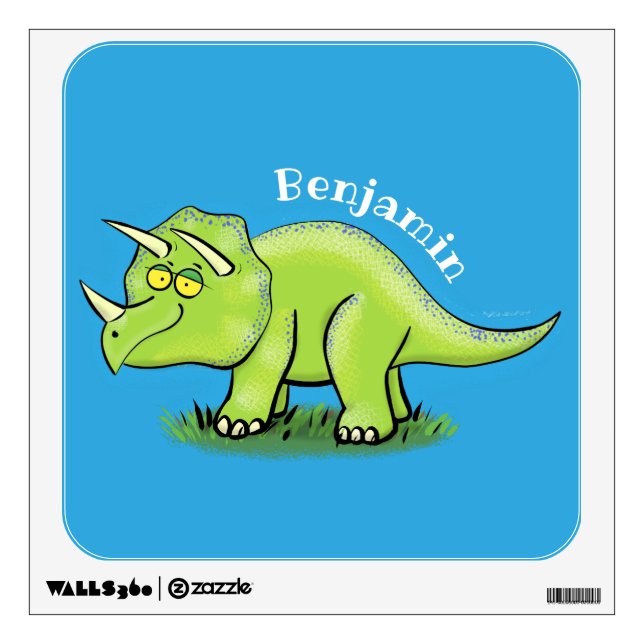 Cute happy green triceratops dinosaur cartoon wall decal (Front)