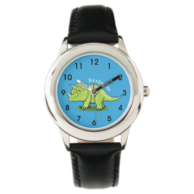 Cute happy green triceratops dinosaur cartoon watch (Front)