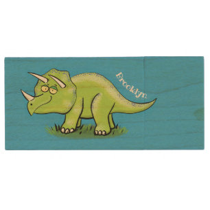 Cute happy green triceratops dinosaur cartoon wood flash drive
