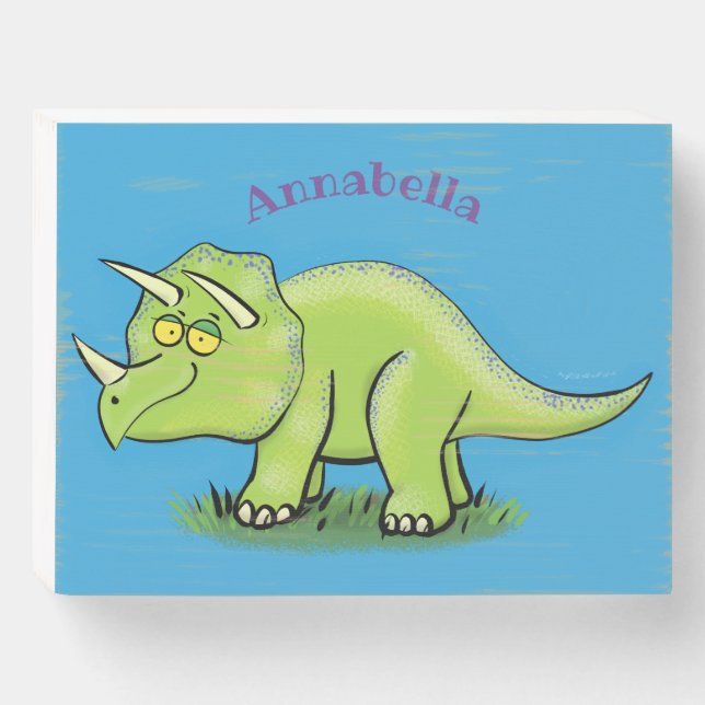 Cute happy green triceratops dinosaur cartoon wooden box sign (Front Horizontal)