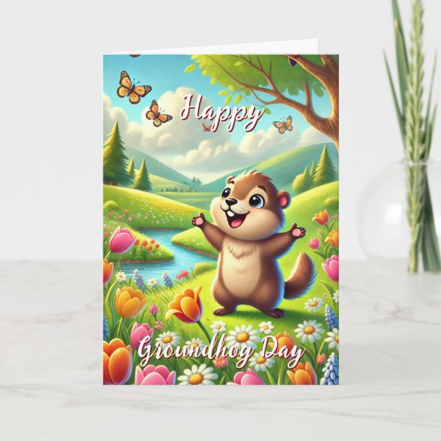Cute Happy Groundhog Day & History Card Spring (Front)