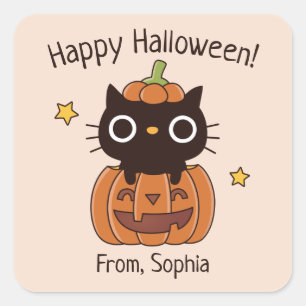 Cute Happy Halloween Black Cat In Pumpkin Sticker