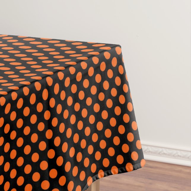 Cute Happy Halloween Black Orange Polka Dot Tablecloth (In Situ)