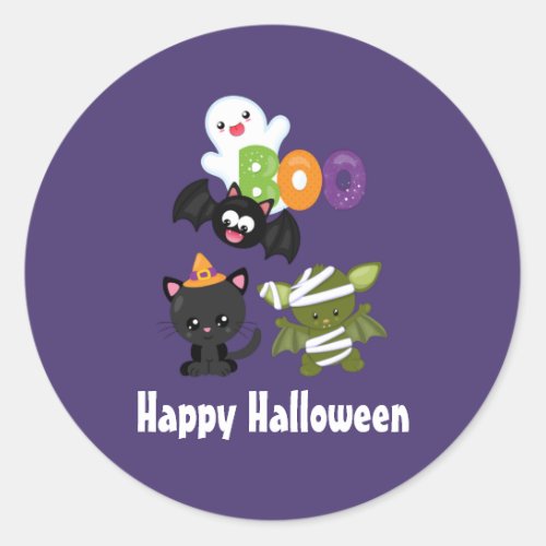 Cute Happy Halloween Cat Bat Mummy  Ghost Classic Round Sticker