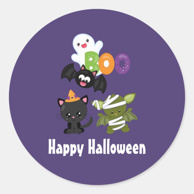Cute Happy Halloween Cat, Bat, Mummy & Ghost Classic Round Sticker (Front)