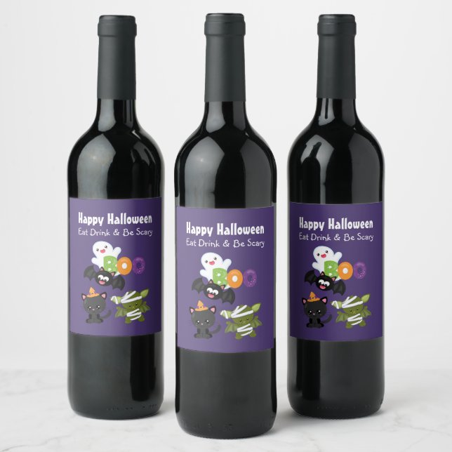 Cute Happy Halloween Cat, Bat, Mummy & Ghost Wine Label (Bottles)