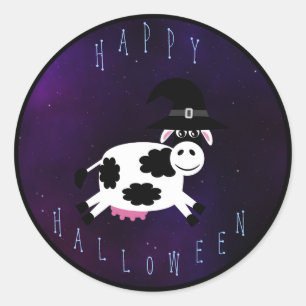 Cute Happy Halloween Cow with Witches Hat Classic Round Sticker