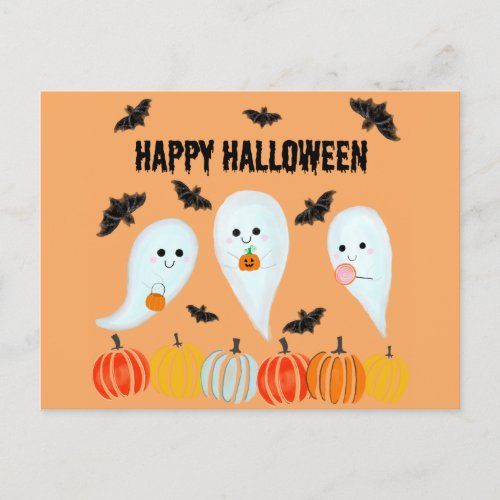 Cute Happy Halloween Ghost Bat Pumpkin Postcard