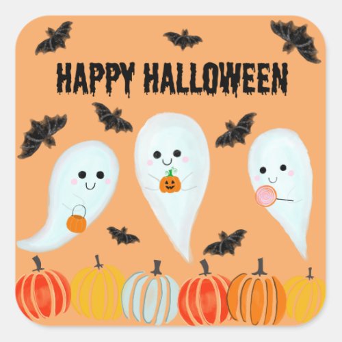 Cute Happy Halloween Ghost Bat Pumpkin Square Sticker