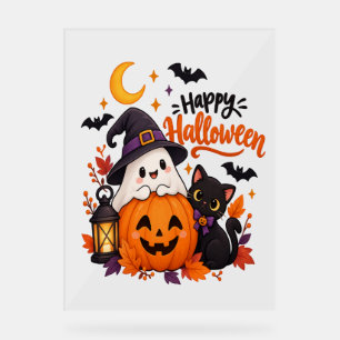 Cute Happy Halloween Ghost Pumpkin Black Cat Acrylic Sign