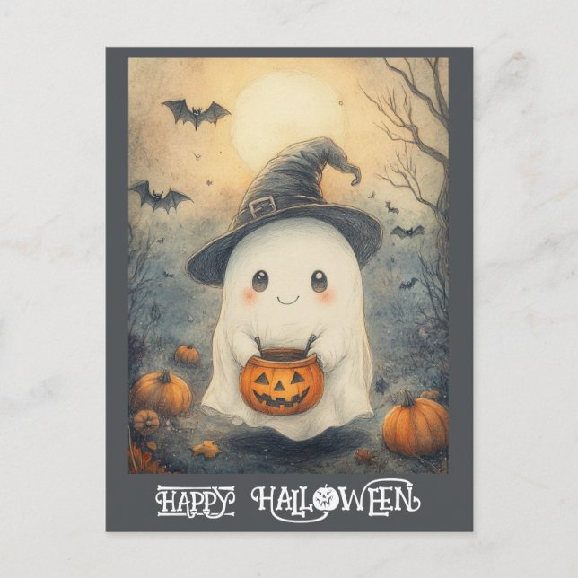 Cute Happy Halloween Ghost Trick Or Treat Pumpkin Postcard (Front)