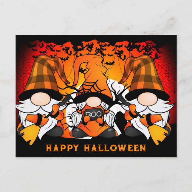 Cute Happy Halloween Gnome Orange Plaid Postcard (Front)