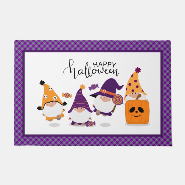 Cute Happy Halloween Gnome Pumpkin Fall Doormat (Front)