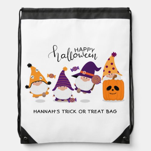 Cute Happy Halloween Gnome Pumpkin Fall Name Drawstring Bag