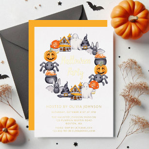 Cute Happy Halloween Illustration Party Gold Foil Invitation