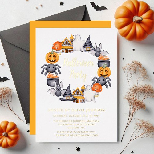 Cute Happy Halloween Illustration Party Gold  Foil Invitation