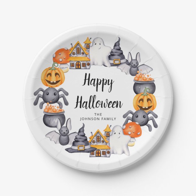 Cute Happy Halloween Illustration Party Paper Plates (Front)