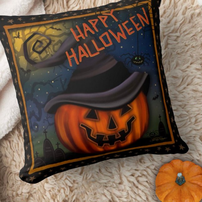 Cute Happy Halloween Jack-o’-lantern Throw Pillow (Creator Uploaded)