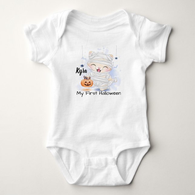 Cute Happy Halloween Mummy Kitten and Pumpkin Baby Bodysuit (Front)