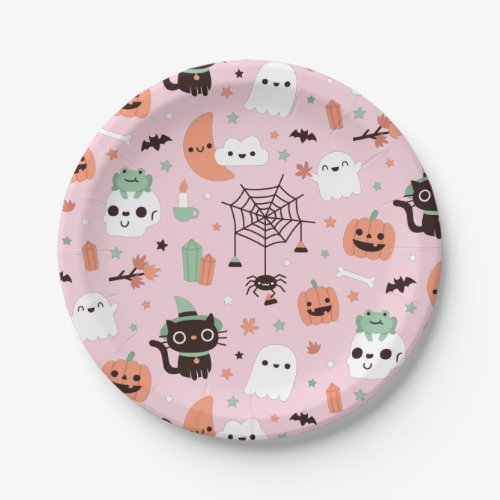 Cute Happy Halloween Pattern Party PinkPaper Plate