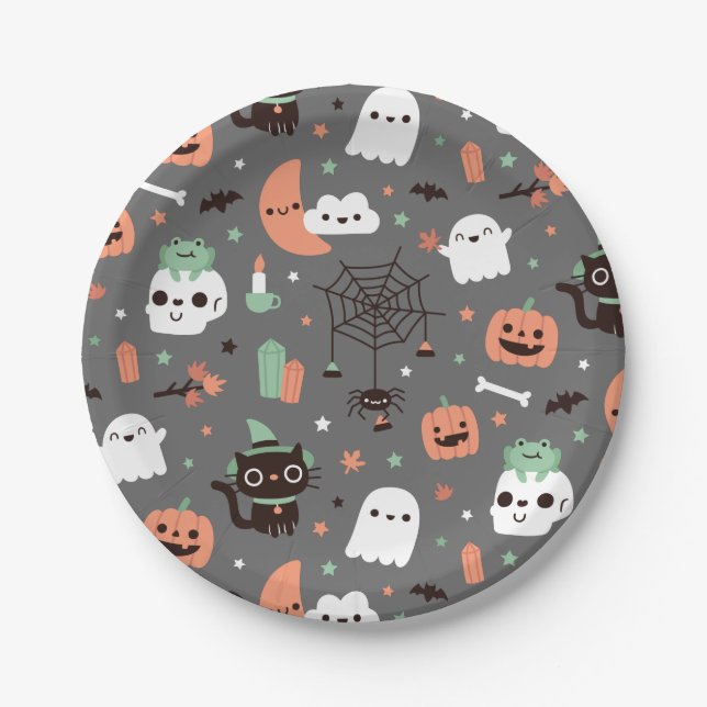 Cute Happy Halloween Pattern Party Supplies Paper Plates (Front)