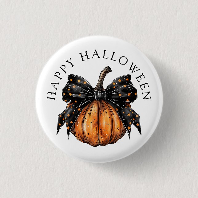 Cute Happy Halloween Pumpkin And Bow Button (Front)