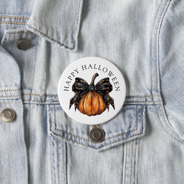 Cute Happy Halloween Pumpkin And Bow Button (In Situ)
