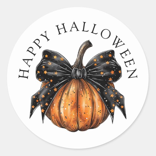 Cute Happy Halloween Pumpkin Black Star Bow Classic Round Sticker