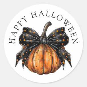 Cute Happy Halloween Pumpkin Black Star Bow Classic Round Sticker