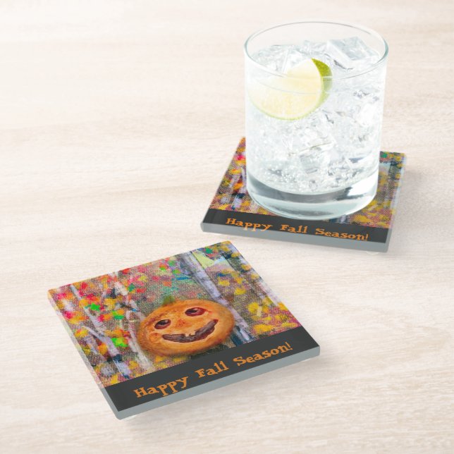 Cute Happy Halloween Pumpkin Face Glass Coaster (Angled)