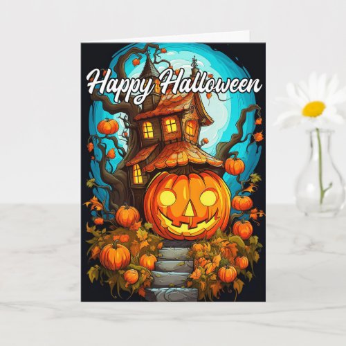 Cute Happy Halloween Pumpkin  Haunted House Card