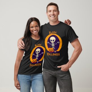 Cute Happy Halloween Skeleton and Pumpkin