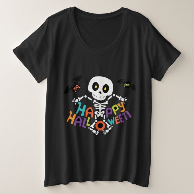 Cute Happy Halloween Skeleton Plus Size T-Shirt (Design Front)