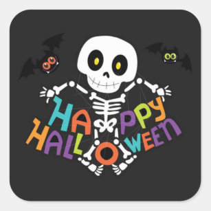 Cute Happy Halloween Skeleton Square Sticker