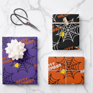 Cute Happy Halloween Spider Web Pattern Wrapping Paper Sheets