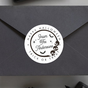 Cute Happy Halloween Trick or Treat Skeletons Bats Classic Round Sticker