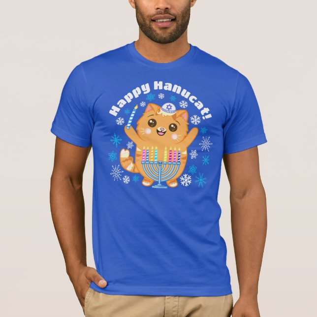 Cute Happy Hanucat, Hanukkah Cat Menorah T-Shirt (Front)