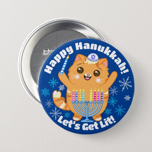 Cute Happy Hanukkah Cat Menorah Button Pin 