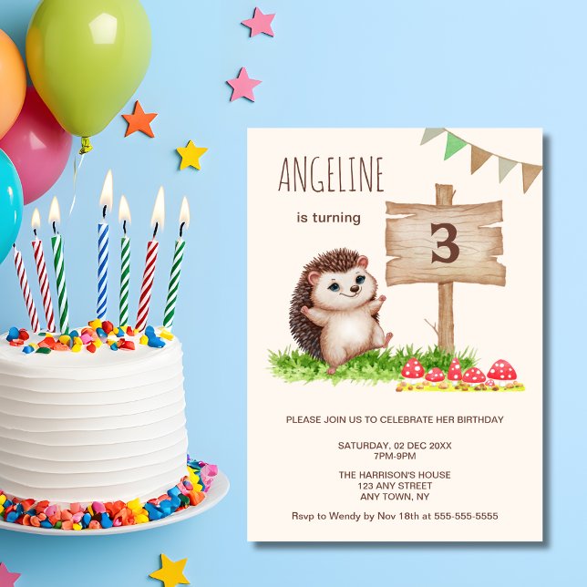 Cute Happy Hedgehog Mushroom Birthday  Invitation (Creator Uploaded)