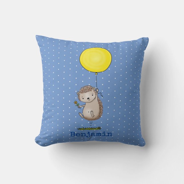 Cute happy hedgehog with balloon illustration throw pillow (Front)
